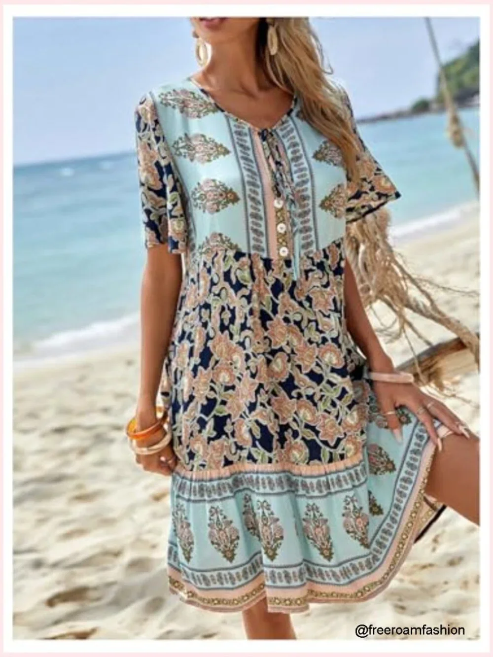 Short Sleeve V Neck Tie Front Babydoll Flowy Ruffle Summer Beach Dress - Picture 3 of 5